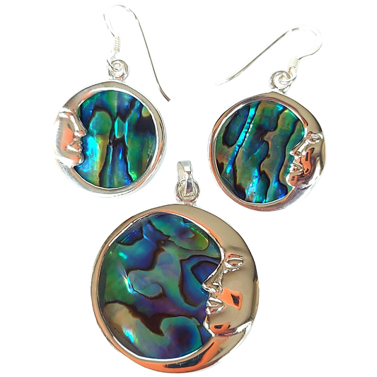 Silver Handmade Inlay Pendant/Earring Set Semi Precious Abalone Shell- Moon