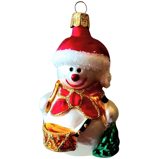Czech Republic, Glass Blown, Hand Painted Christmas Tree Ornament - Snowman Drummer
