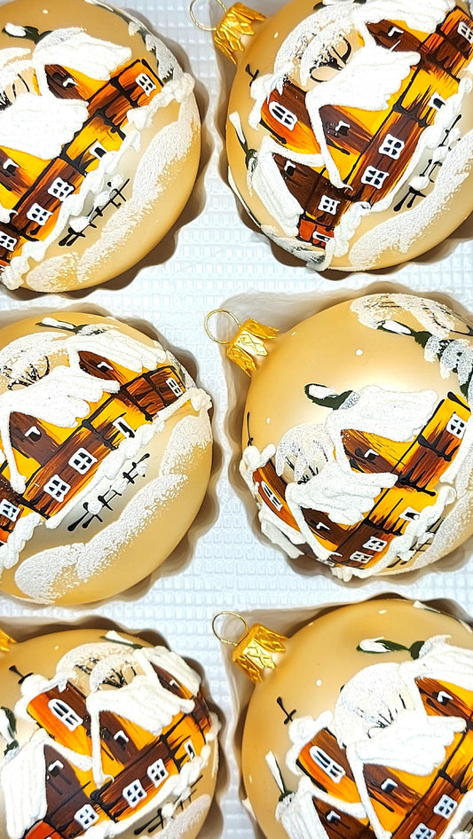 Czech Glass Christmas Ornament: Hand-Painted Gold large Ball (set of 6)