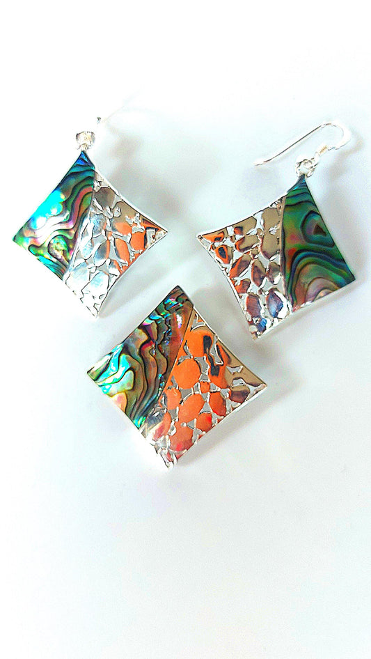 Silver Handmade Inlay Pendant/Earring Set Semi Precious Abalone Shell- Square