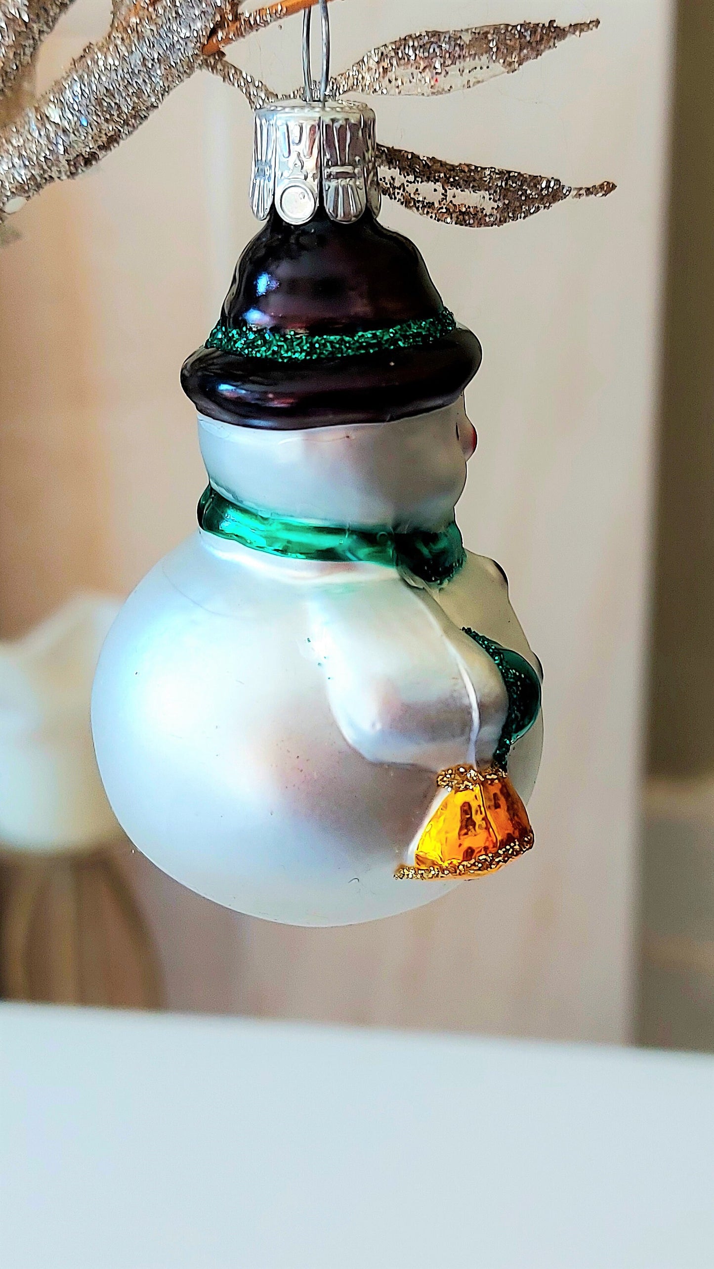 Vintage Czech Glass Snowman Christmas Ornament with Bowler Hat (Pair)