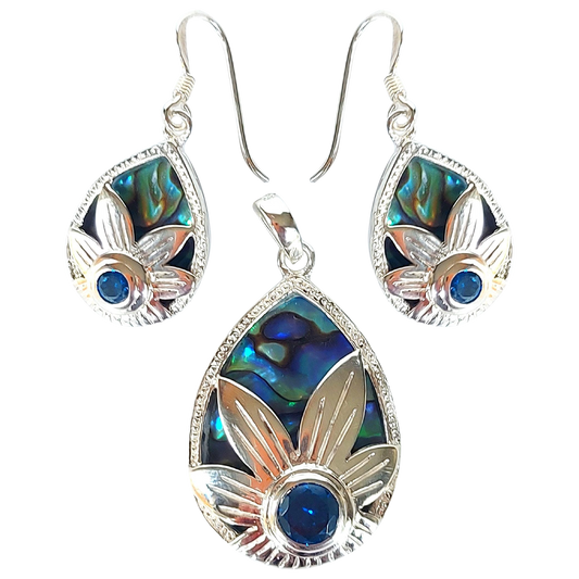 Silver Handmade Inlay Pendant/Earring Set Semi Precious Abalone Shell- Flower