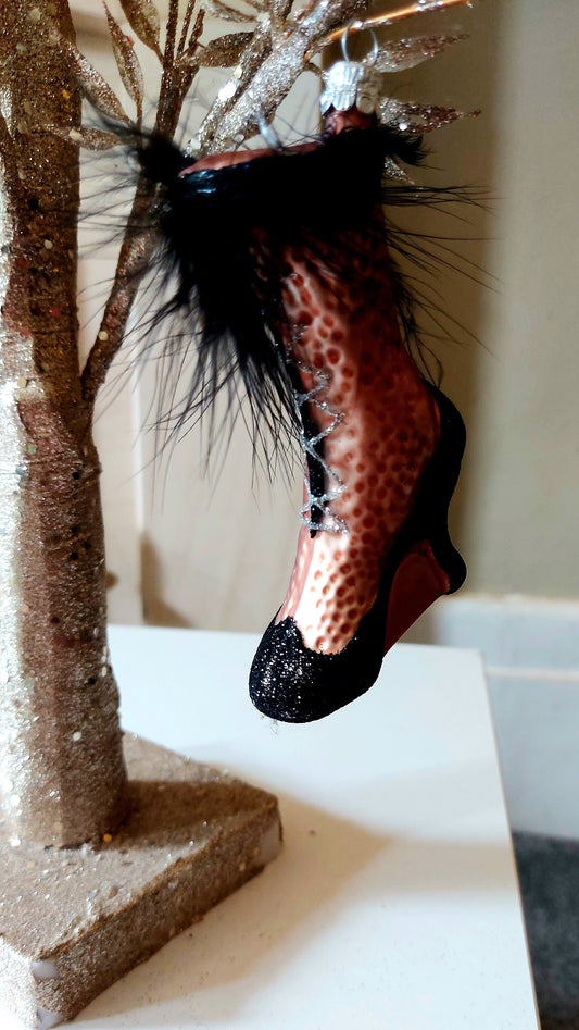 Czech Republic, Glass Blown, Hand Painted Christmas Tree Ornament - Boot Rose Gold Black