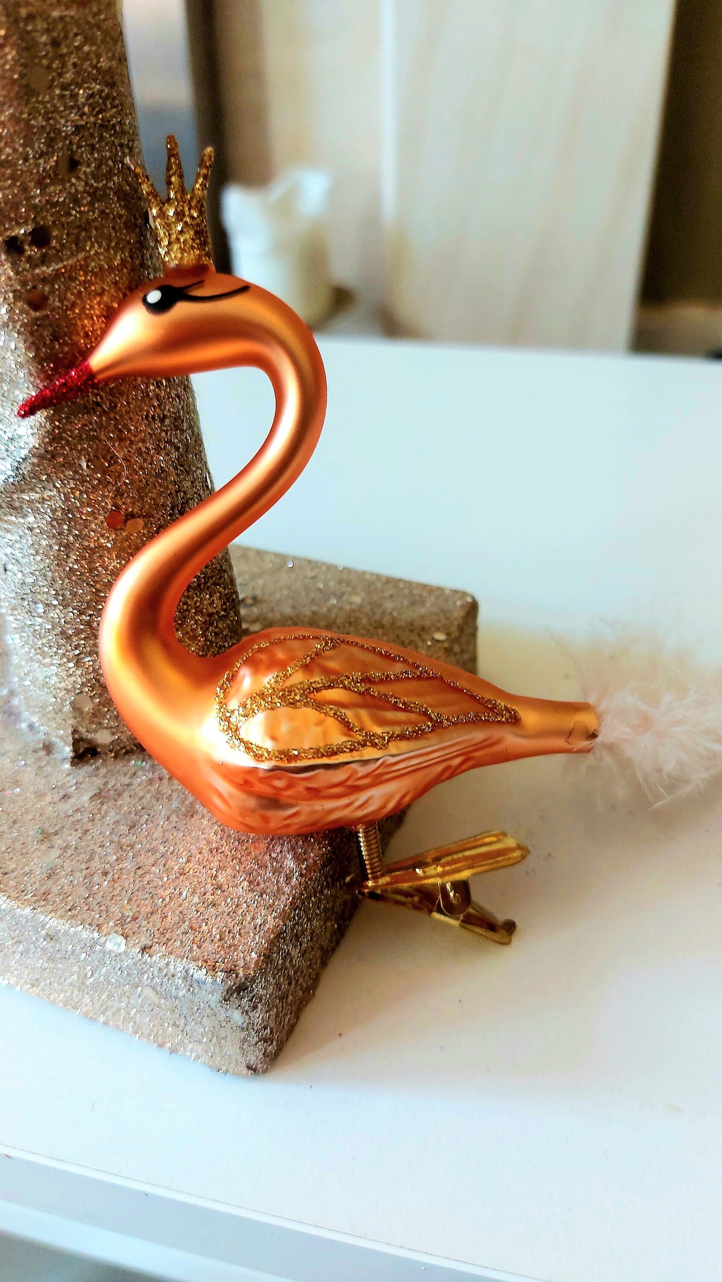 Vintage Czech Republic, Glass Blown, Hand Painted Christmas Tree Ornament - Swan with clip