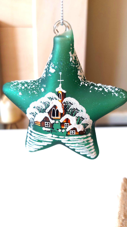 Czech Glass Christmas Ornament: Hand-Painted Green Star, House Motif