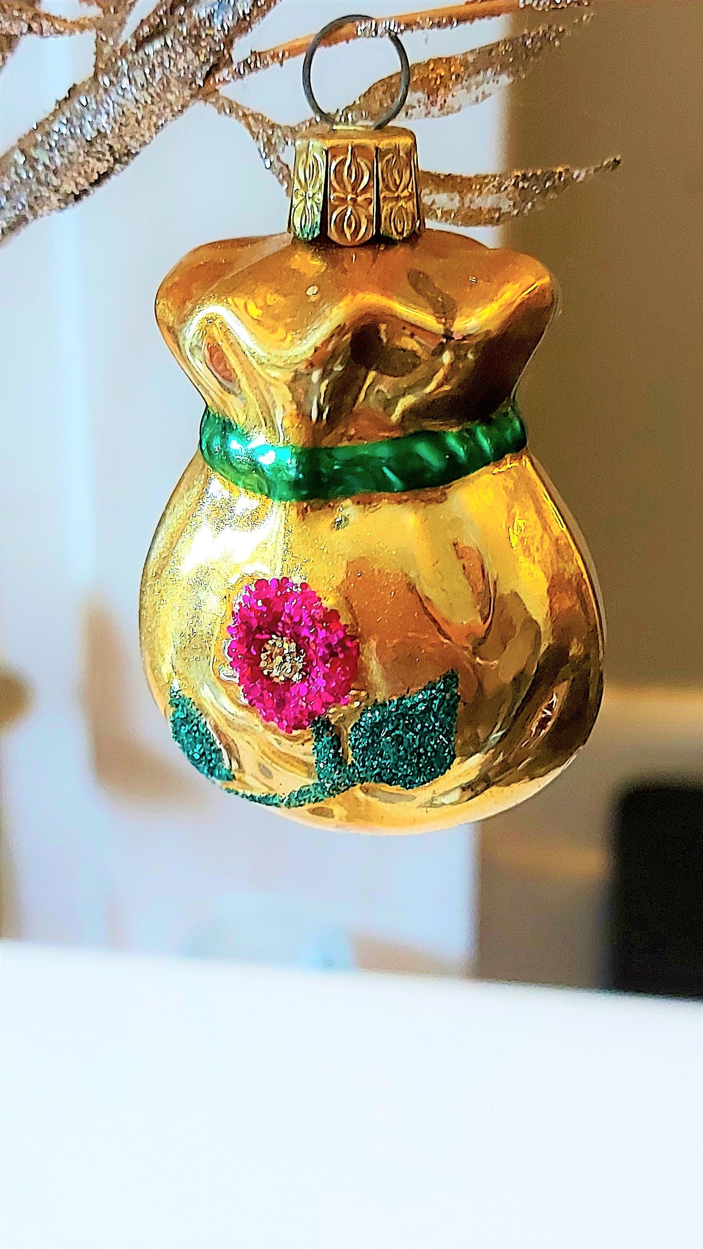 Vintage Czech Republic, Glass Blown, Hand Painted Christmas Tree Ornament - Money Bag