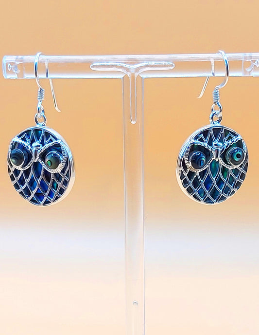 Silver Handmade Inlay Earrings Semi Precious Abalone Shell- Owl