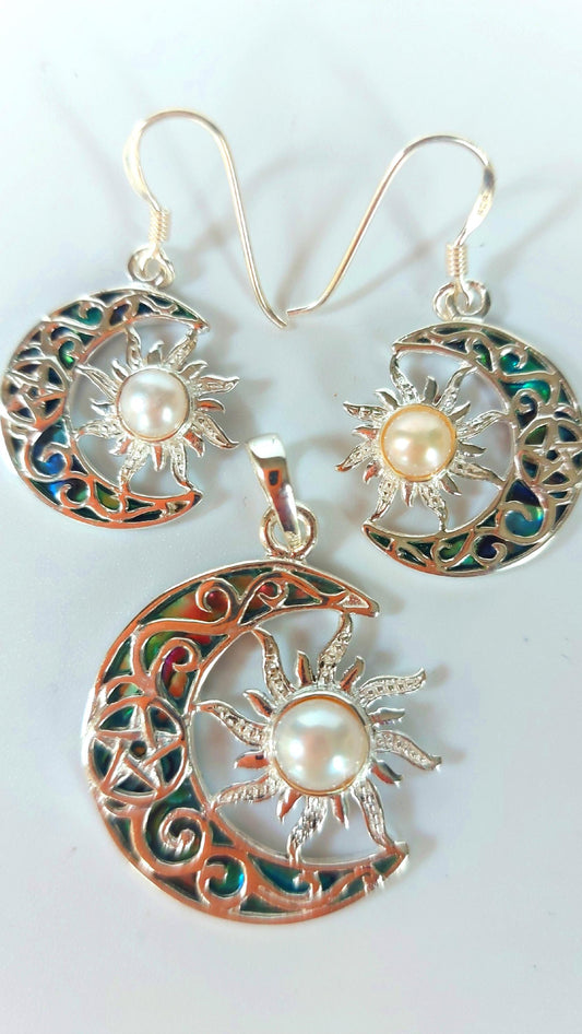 Silver Handmade Inlay Pendant/Earring Set Semi Precious Abalone Shell- Sun/Moon