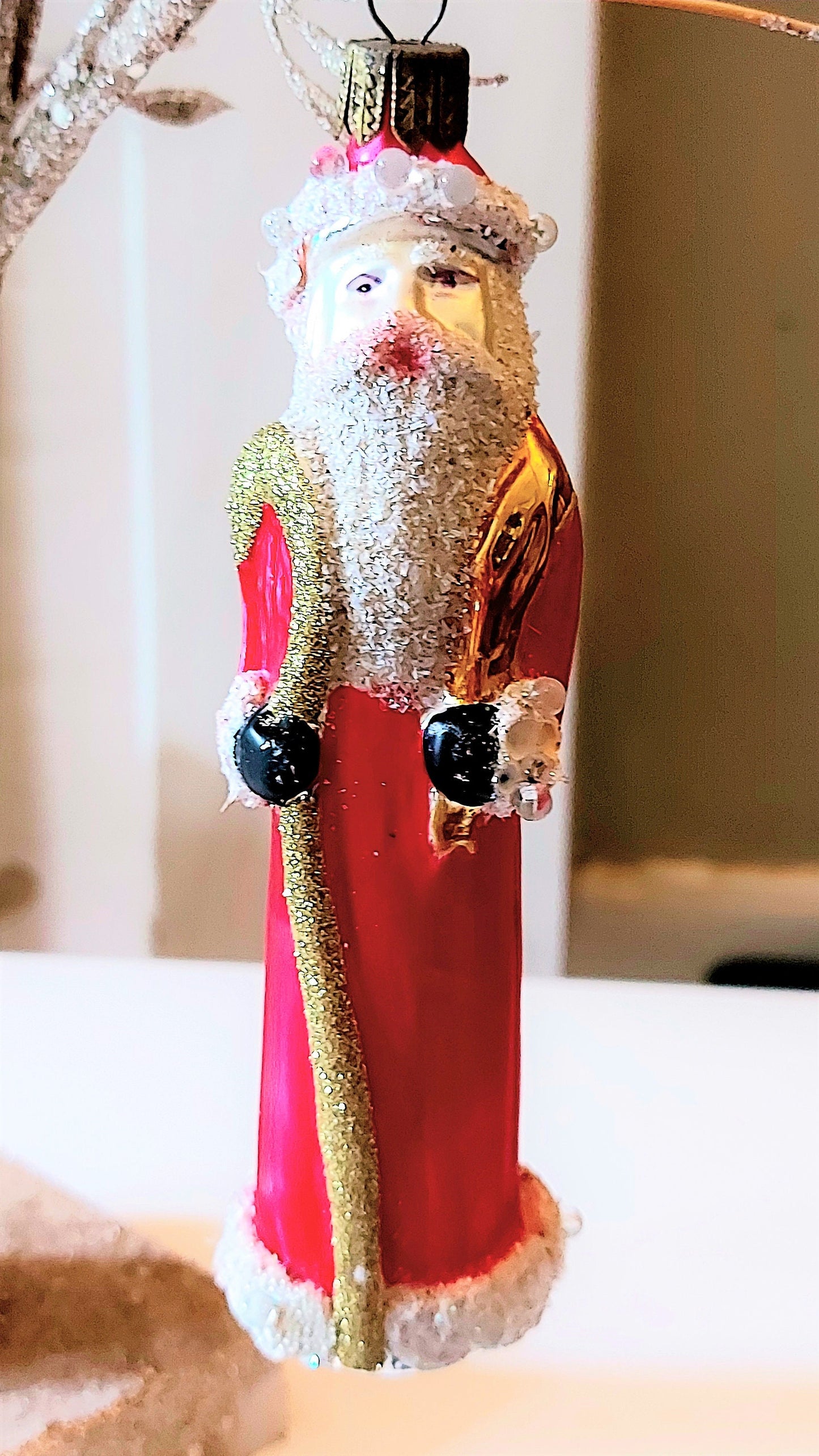 Vintage Czech Republic, Glass Blown, Hand Painted Christmas Tree Ornament - Thin Santa Red