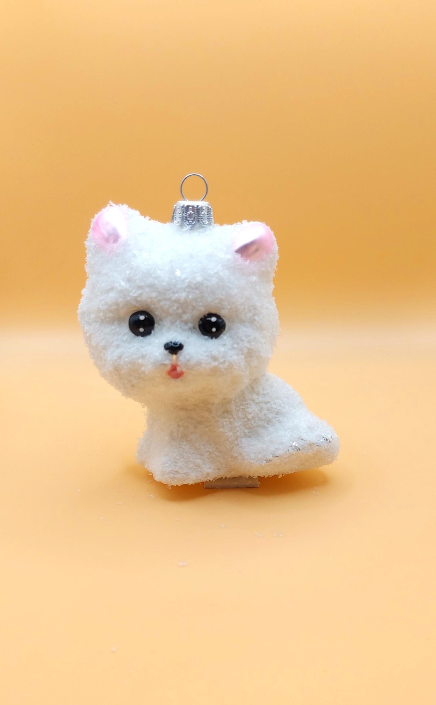 Vintage Czech Republic, Glass Blown, Hand Painted Christmas Tree Ornament - White Pussy Cat
