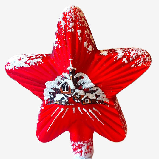 Czech Republic, Glass Blown, Hand Painted Christmas Tree Ornament - Red Star Tree Topper