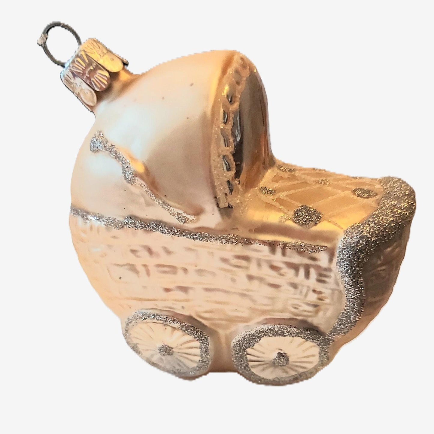 Vintage Czech Republic, Glass Blown, Hand Painted Christmas Tree Ornament - Pink Pram