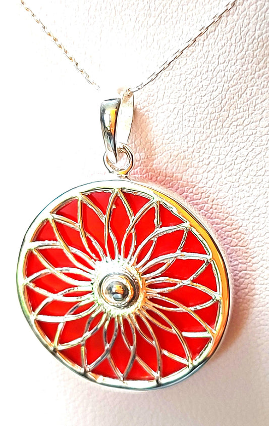 Silver Handmade Inlay Pendant Semi Precious Abalone Shell- Red Circle