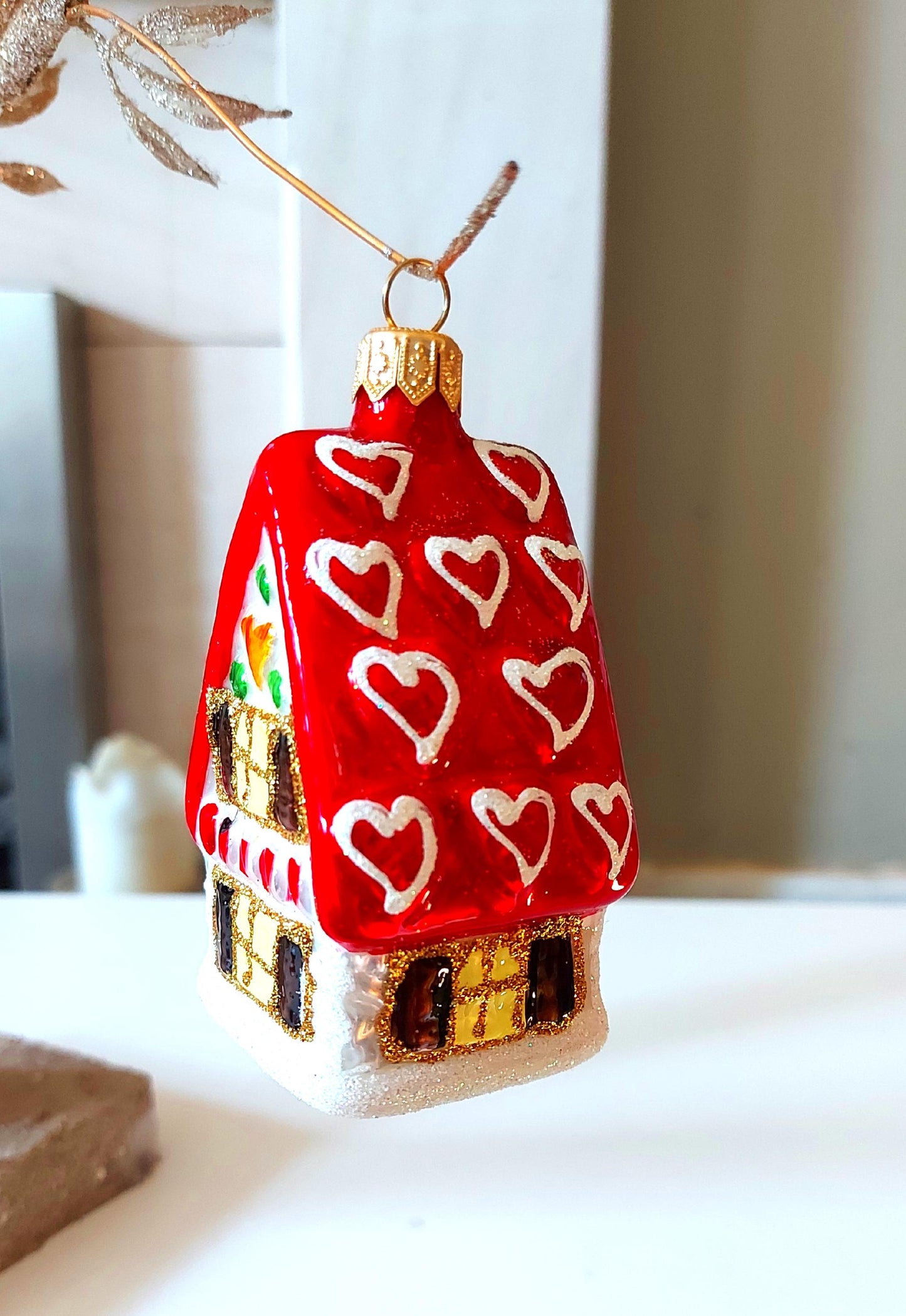 Vintage Czech Republic, Glass Blown, Hand Painted Christmas Tree Ornament - Ginger Bread House
