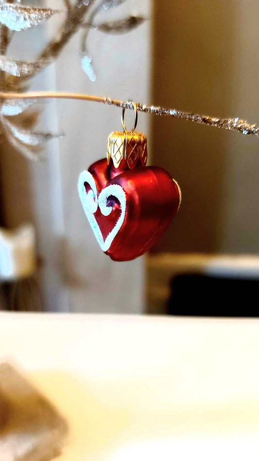Czech Republic, Glass Blown, Hand Painted Christmas Tree Ornament - heart a pair ( x 2 )