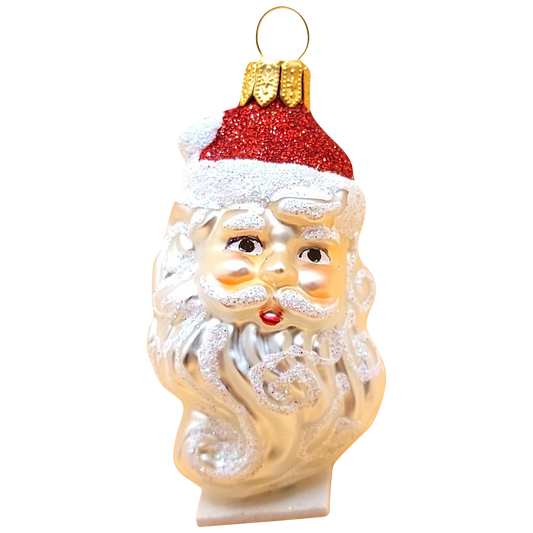 Czech Republic, Glass Blown, Hand Painted Christmas Tree Ornament - Santa Head