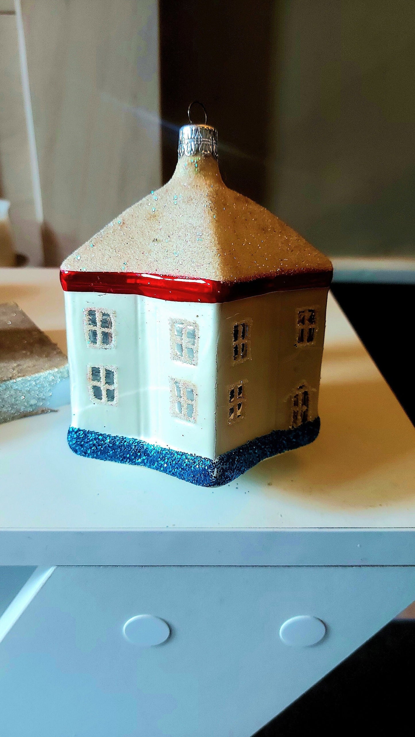 Vintage Czech Glass Christmas Ornament: Hand-Painted Glittery House