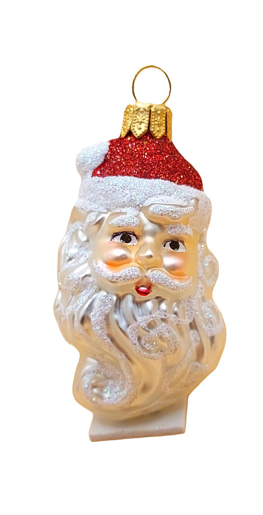 Czech Republic, Glass Blown, Hand Painted Christmas Tree Ornament - Santa Head
