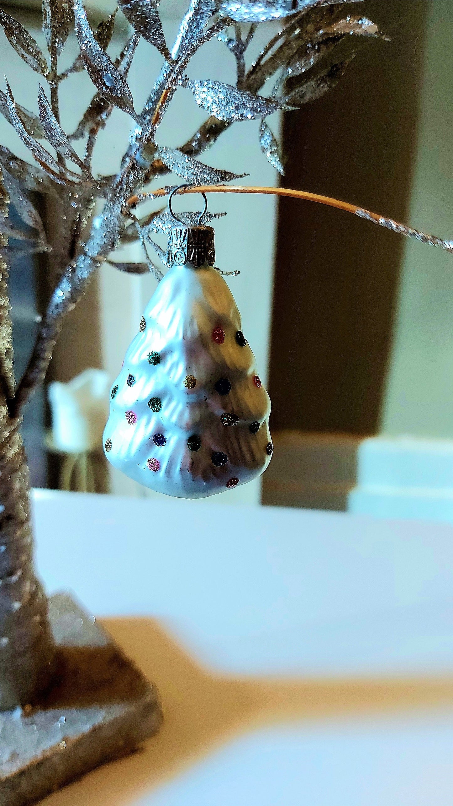 Vintage Czech Republic, Glass Blown, Hand Painted Christmas Tree Ornament - Small Tree ( x 2 )