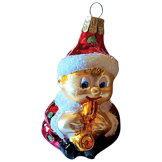 Czech Republic, Glass Blown, Hand Painted Christmas Tree Ornament - Gnome Musician