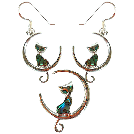 Silver Handmade Inlay Pendant/Earring Set Semi Precious Abalone Shell- Cat on Moon