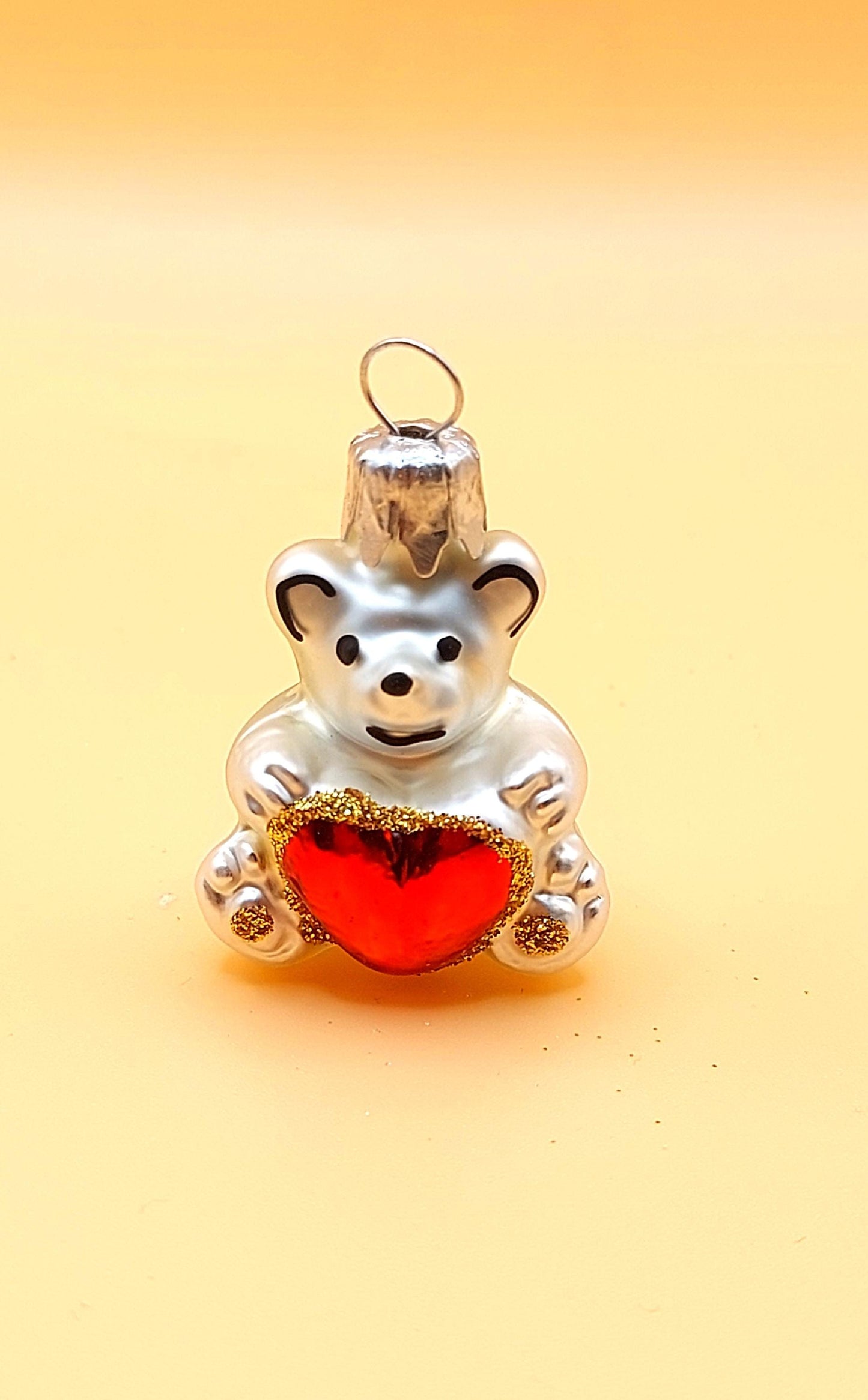 Vintage Czech Republic, Glass Blown, Hand Painted Christmas Tree Ornament - Heart Teddy ( x 2 )