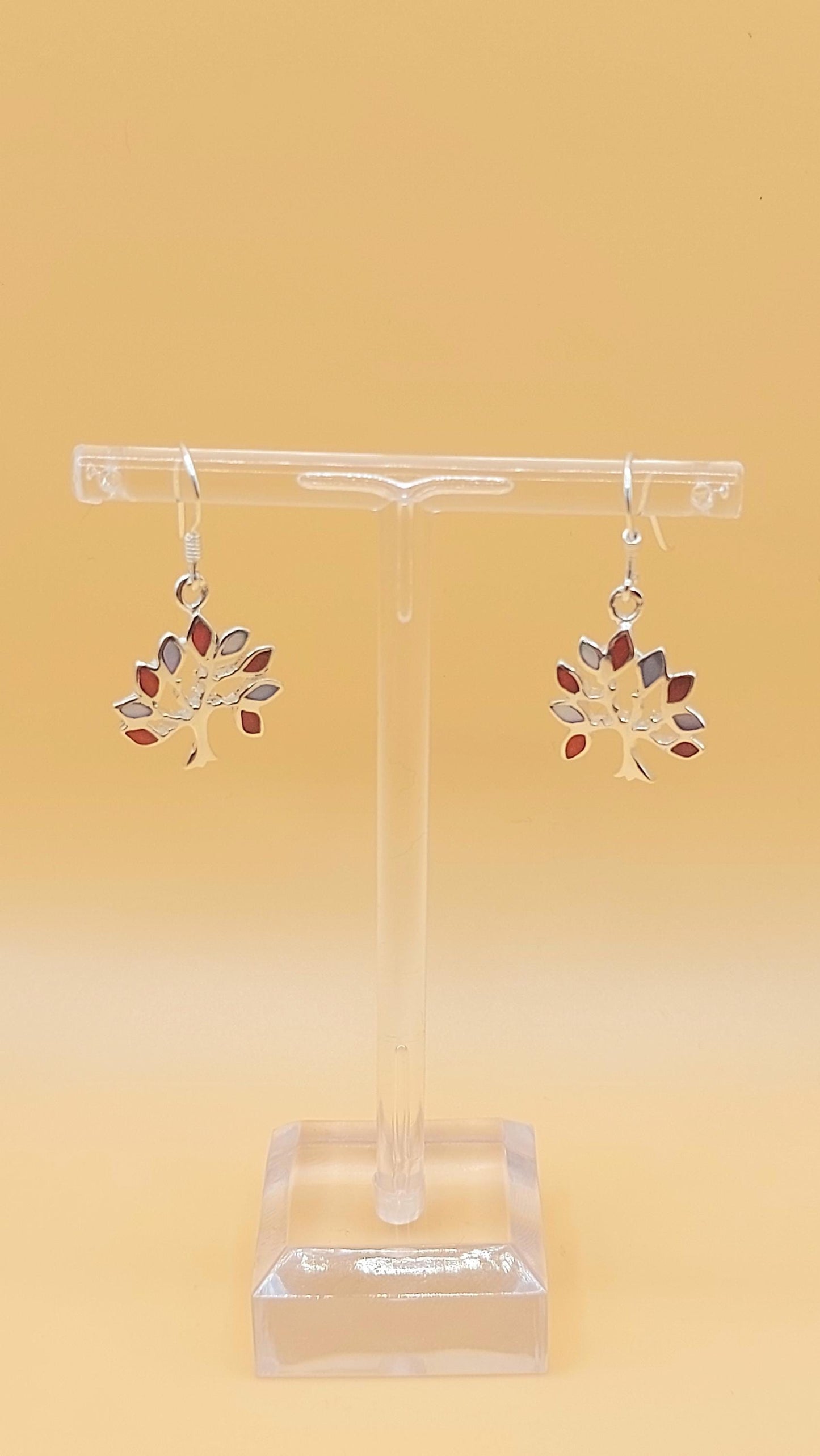 Silver Handmade Inlay Earrings Semi Precious Natural Shell- Tree