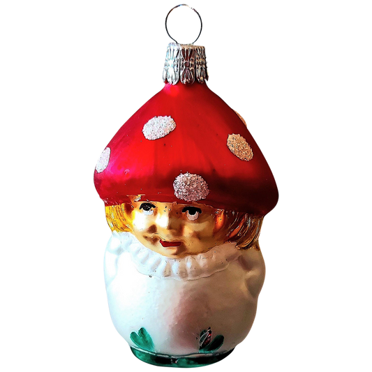 Czech Republic, Glass Blown, Hand Painted Christmas Tree Ornament - Mushroom Child