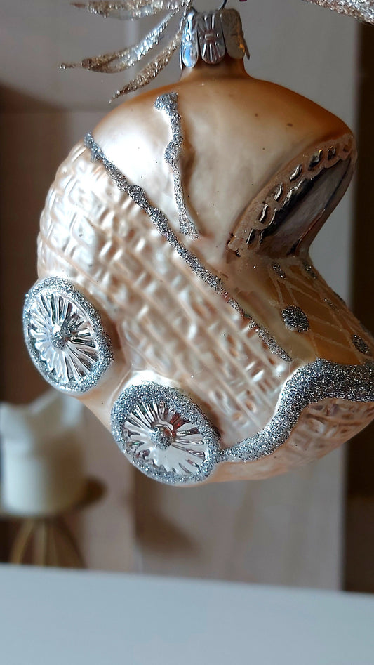 Czech Republic, Glass Blown, Hand Painted Christmas Tree Ornament - Pink Pram