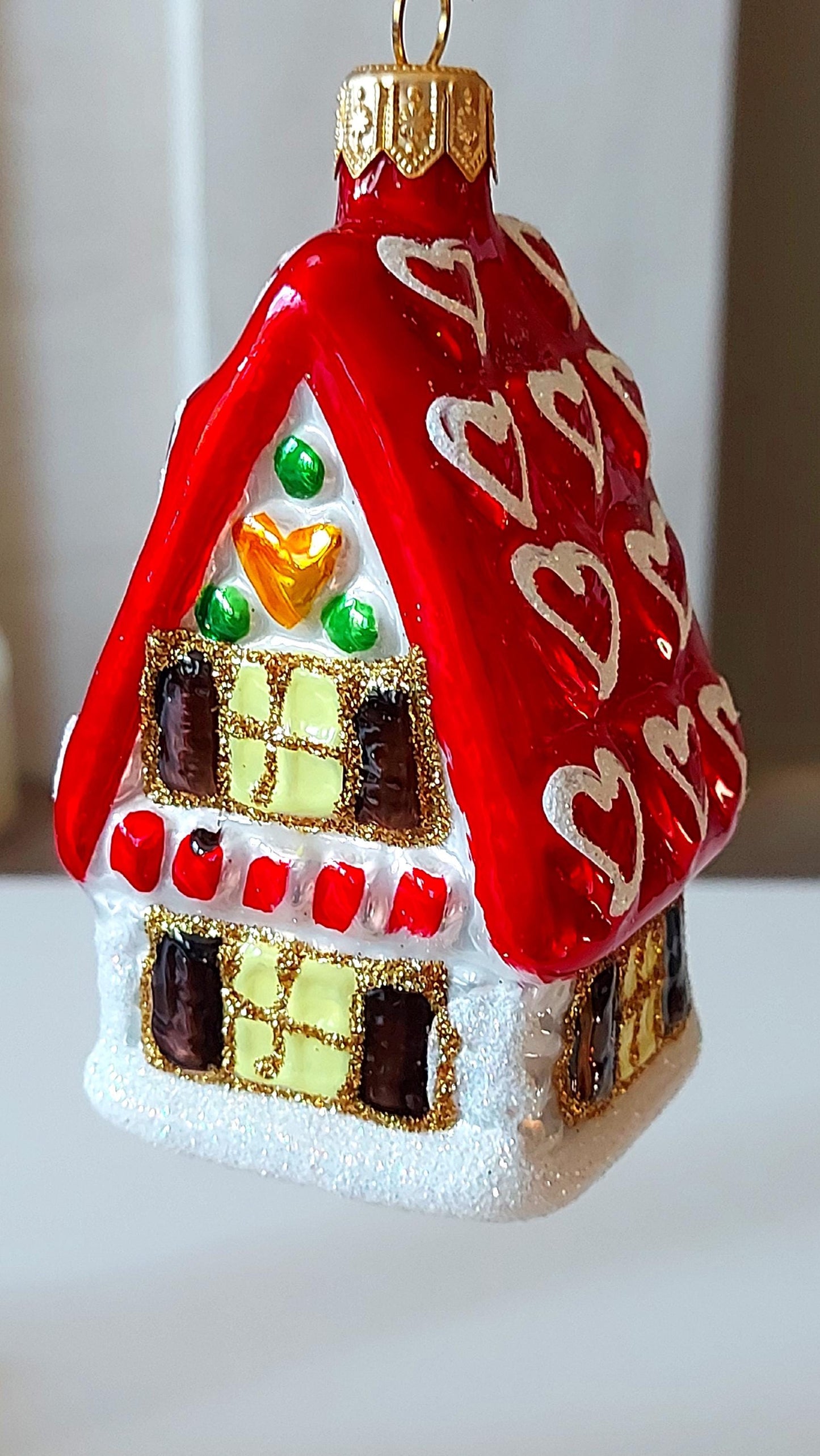 Vintage Czech Republic, Glass Blown, Hand Painted Christmas Tree Ornament - Ginger Bread House