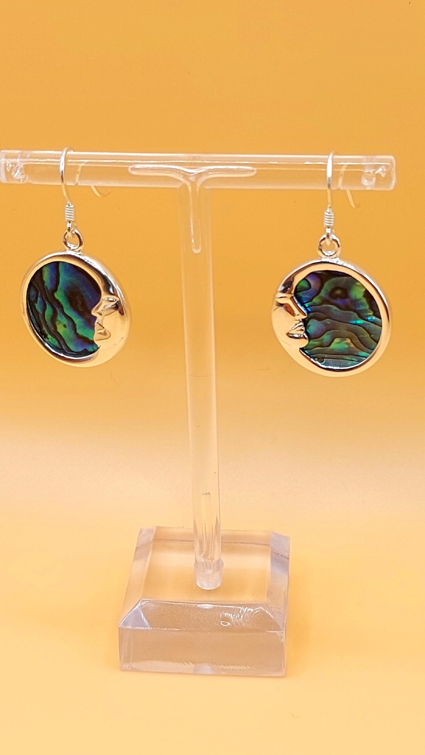Silver Handmade Inlay Earrings Semi Precious Abalone Shell- Moon