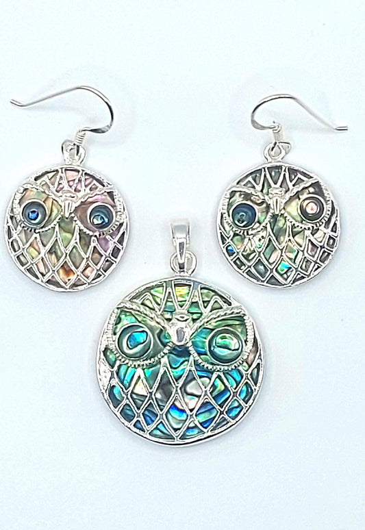 Silver Handmade Inlay Pendant/Earring Set Semi Precious Abalone Shell- Owl