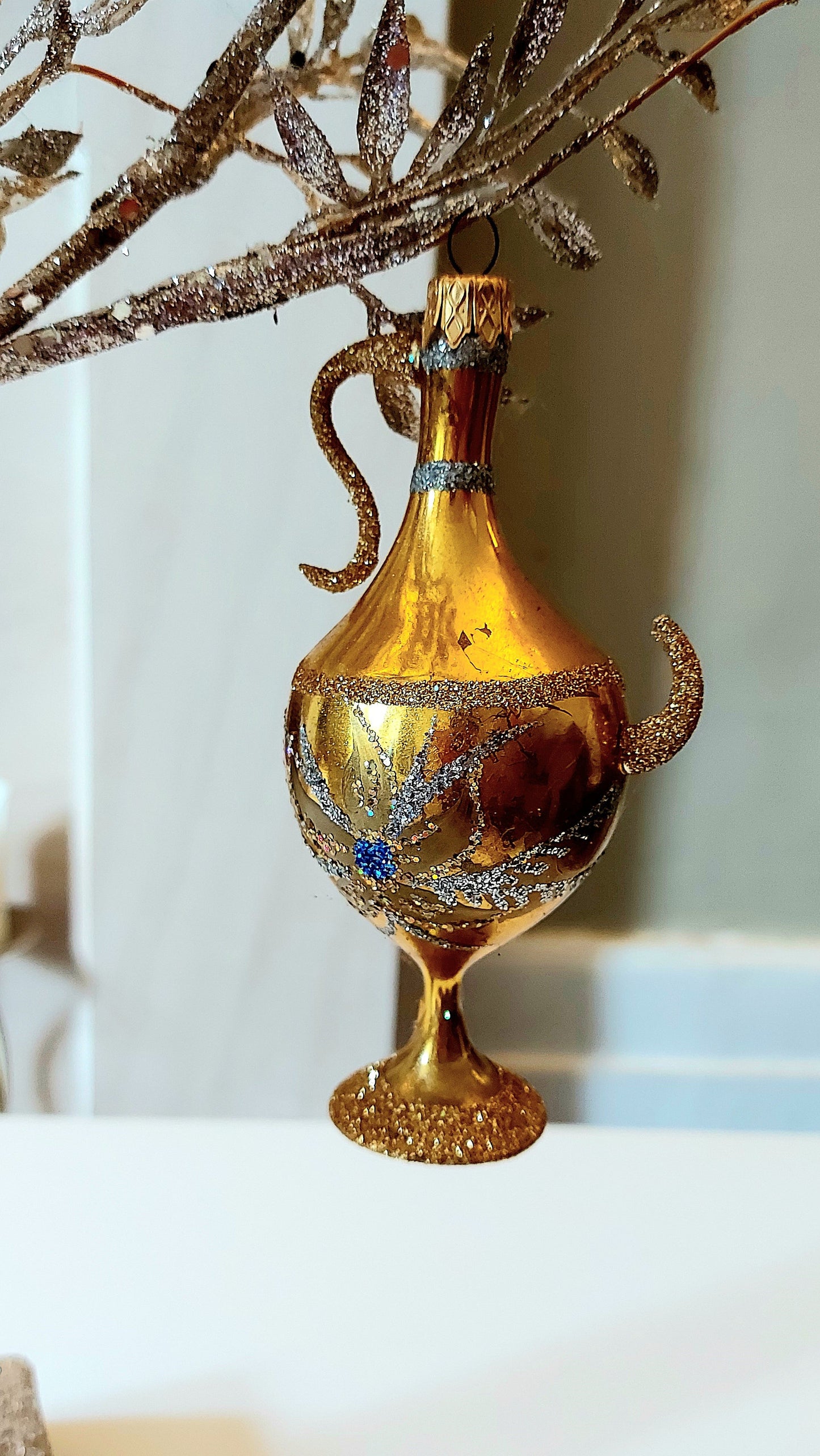 Vintage Czech Republic, Glass Blown, Hand Painted Christmas Tree Ornament - Genie Lamp gold/silver
