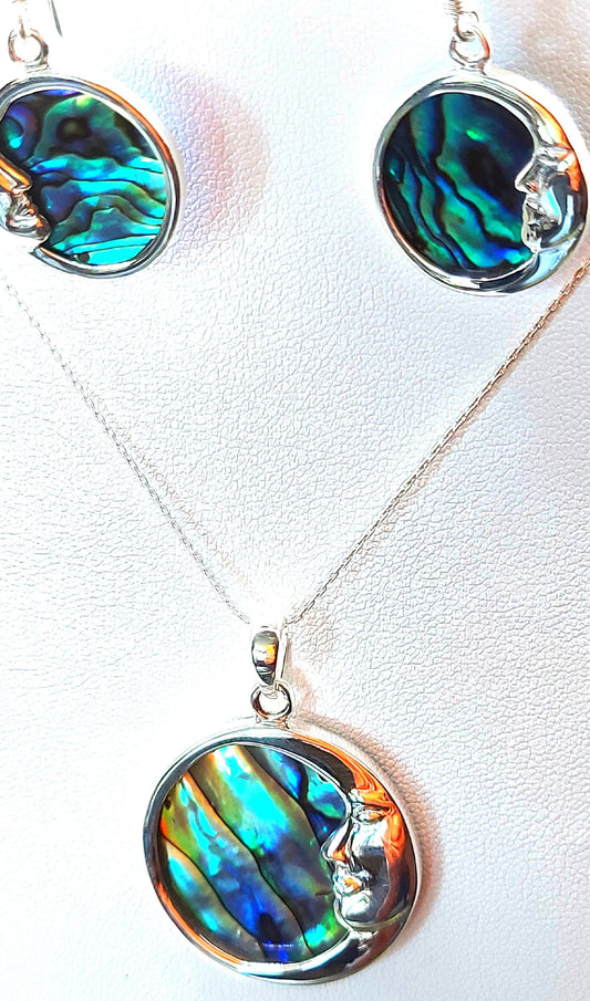 Silver Handmade Inlay Pendant/Earring Set Semi Precious Abalone Shell- Moon