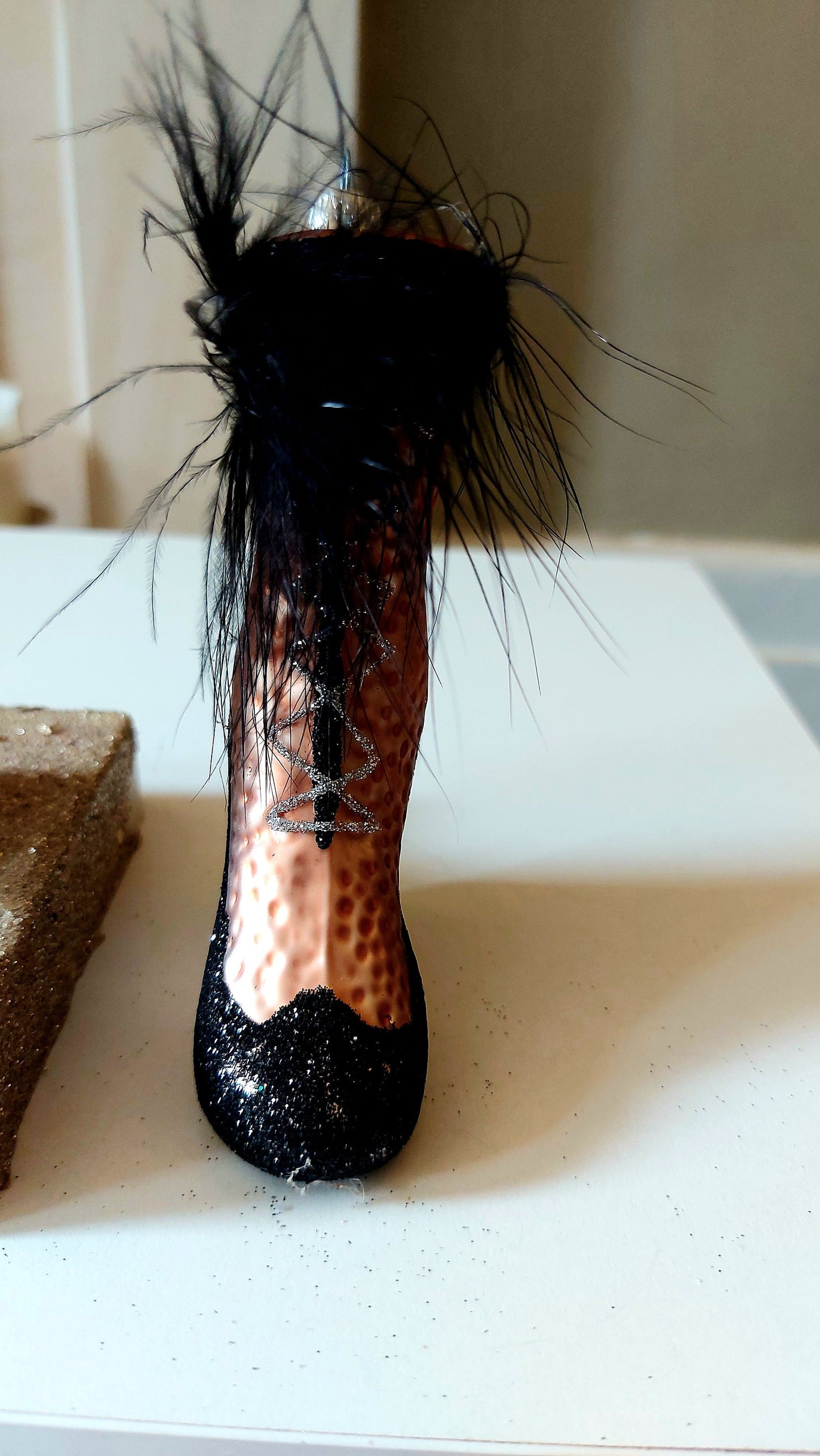 Vintage Czech Republic, Glass Blown, Hand Painted Christmas Tree Ornament - Boot Rose Gold Black