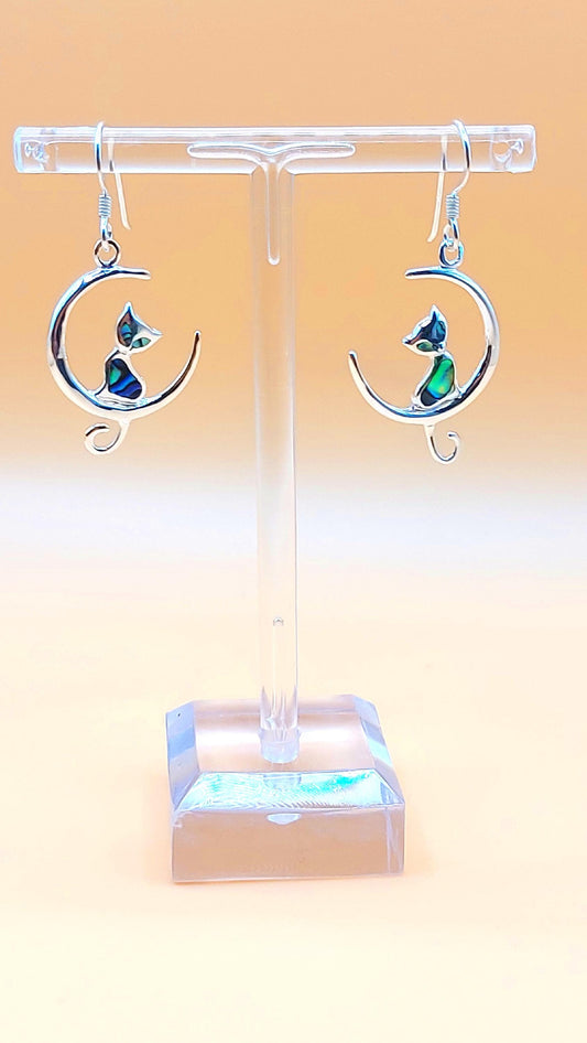 Silver Handmade Inlay Earrings Semi Precious Abalone Shell- Cat on Moon