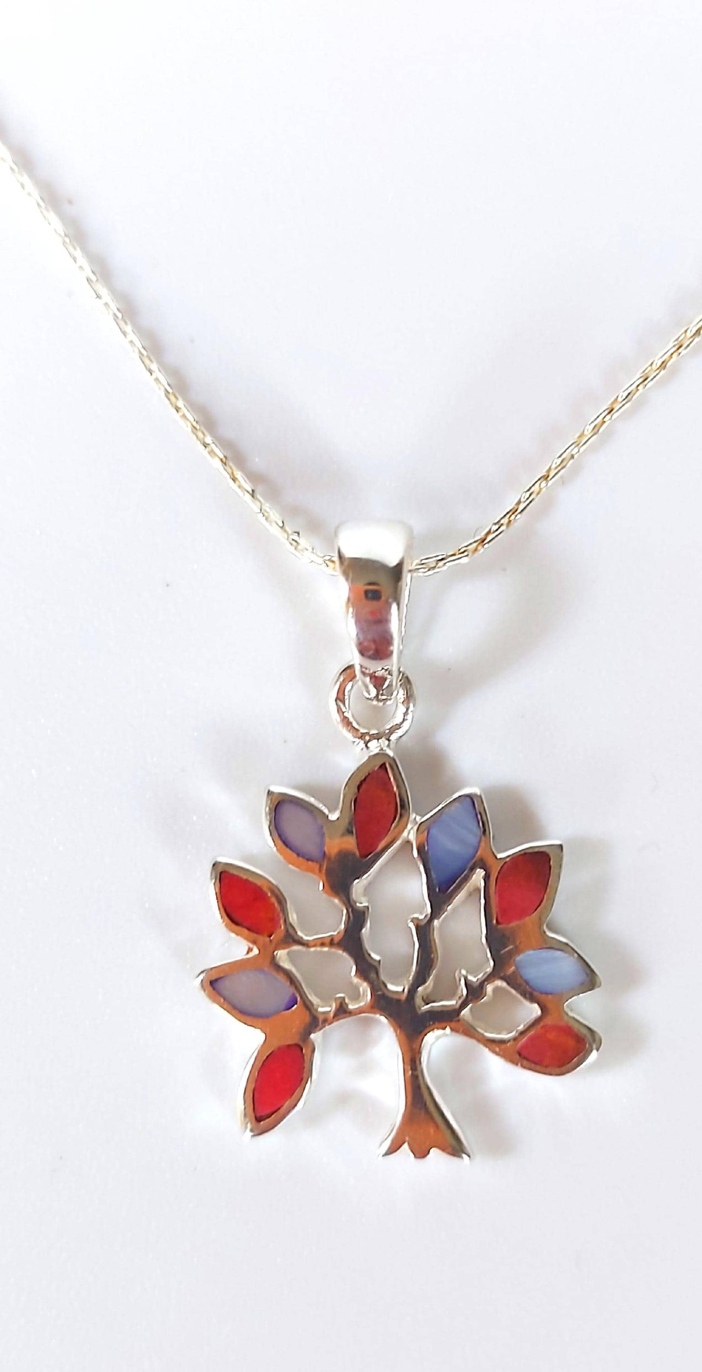 Silver Handmade Inlay Pendant Semi Precious Natural Shell- Tree