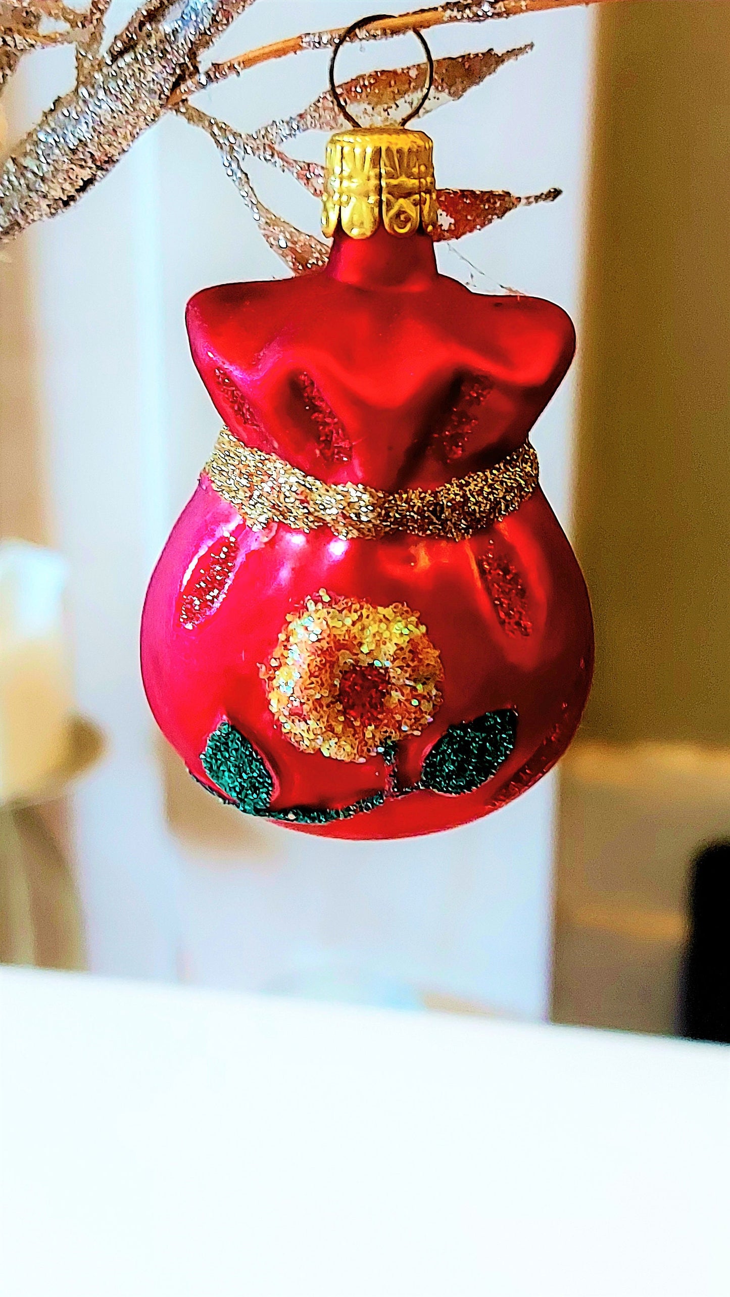 Vintage Czech Republic, Glass Blown, Hand Painted Christmas Tree Ornament - Money Bag