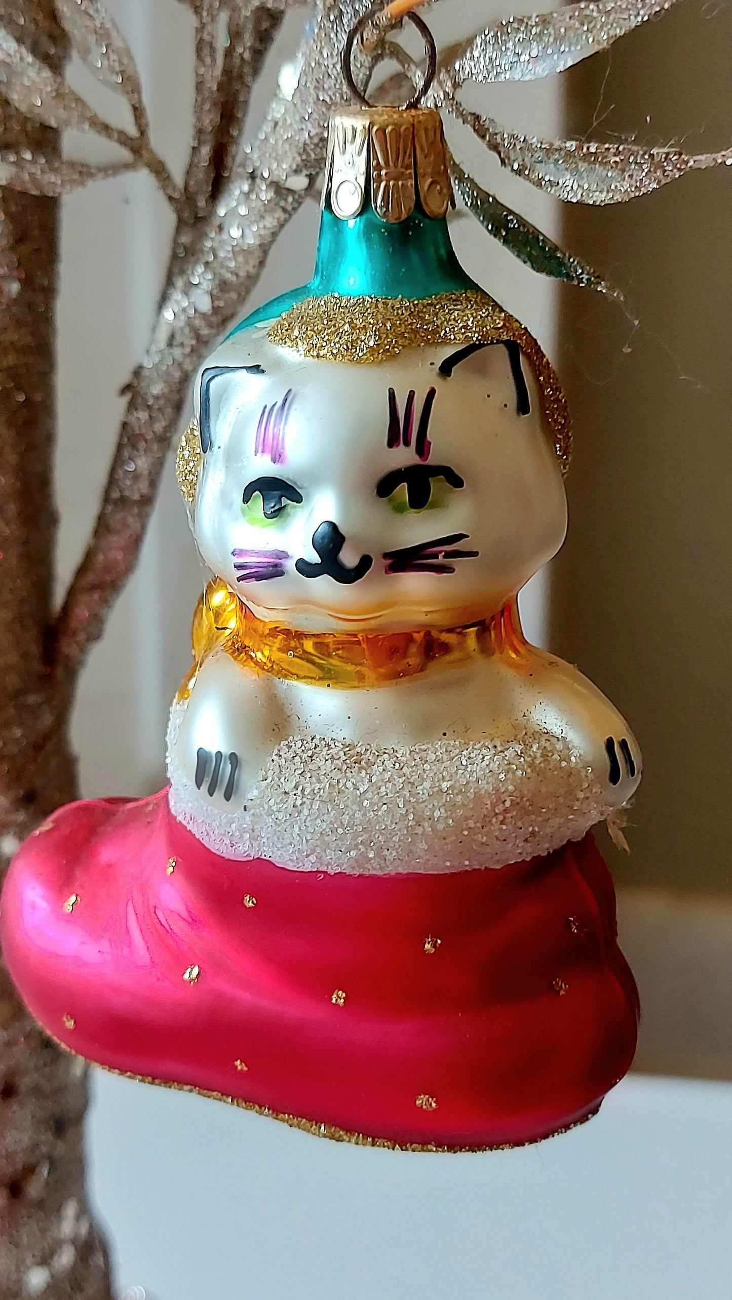 Vintage Czech Republic, Glass Blown, Hand Painted Christmas Tree Ornament - Cat in Boot