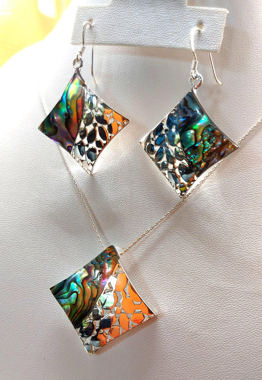 Silver Handmade Inlay Pendant/Earring Set Semi Precious Abalone Shell- Square