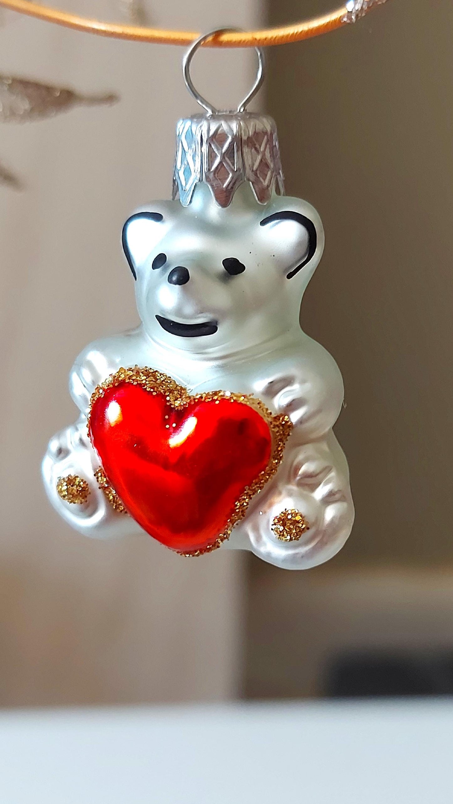 Vintage Czech Republic, Glass Blown, Hand Painted Christmas Tree Ornament - Heart Teddy ( x 2 )