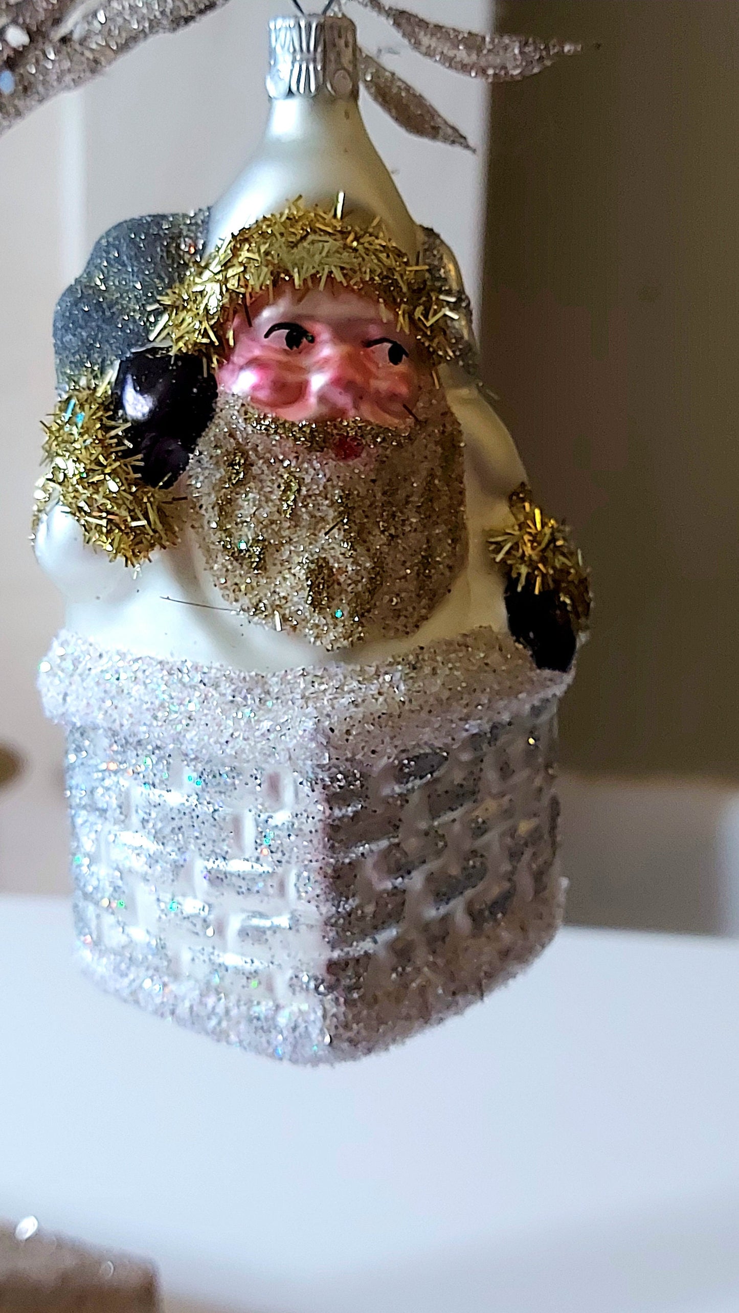 Vintage Czech Republic, Glass Blown, Hand Painted Christmas Tree Ornament - Large Santa in Chimney