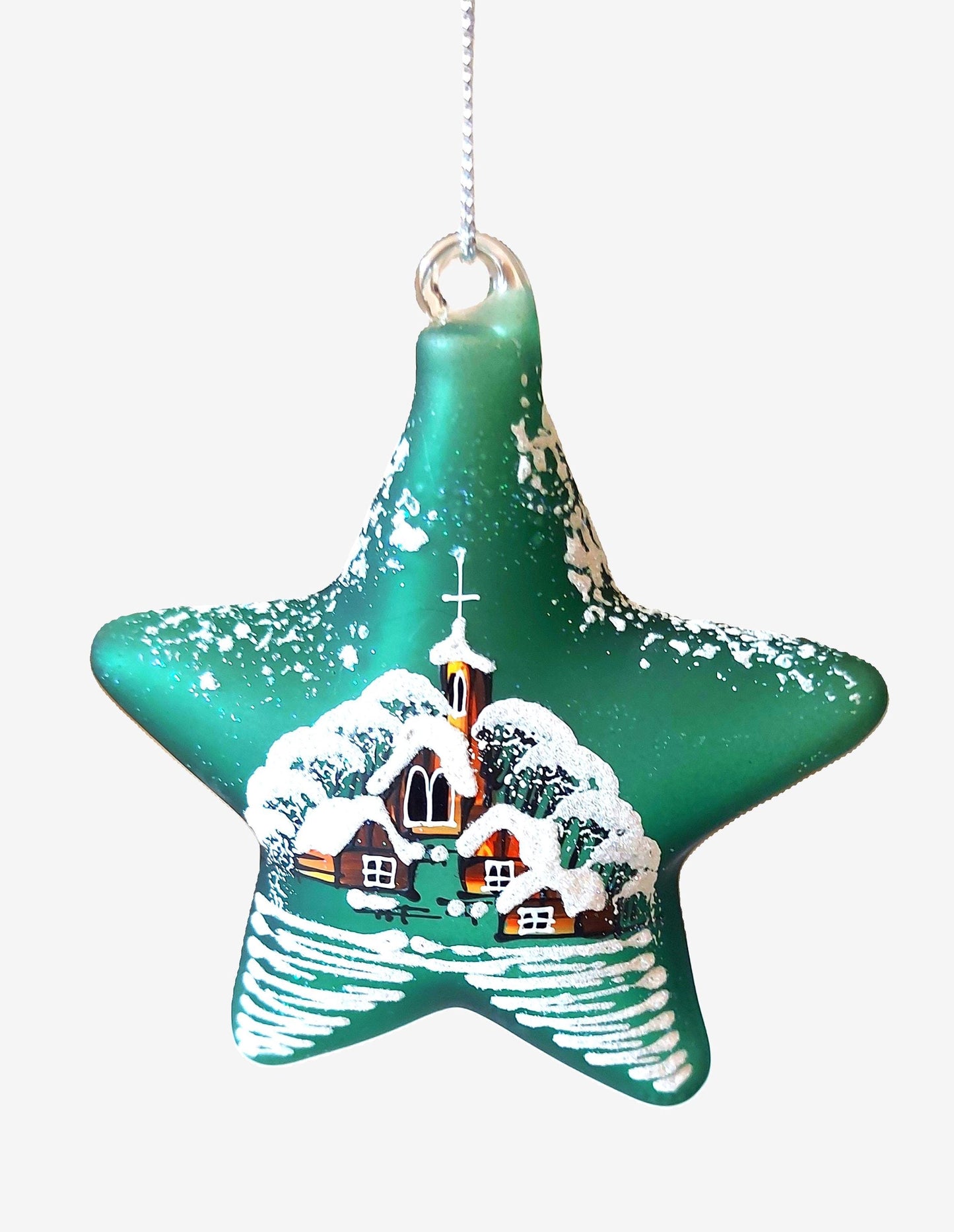 Vintage Czech Glass Christmas Ornament: Hand-Painted Green Star, House Motif