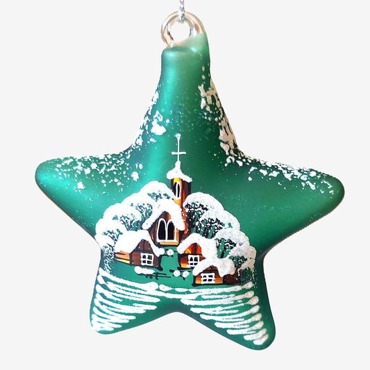 Czech Glass Christmas Ornament: Hand-Painted Green Star, House Motif