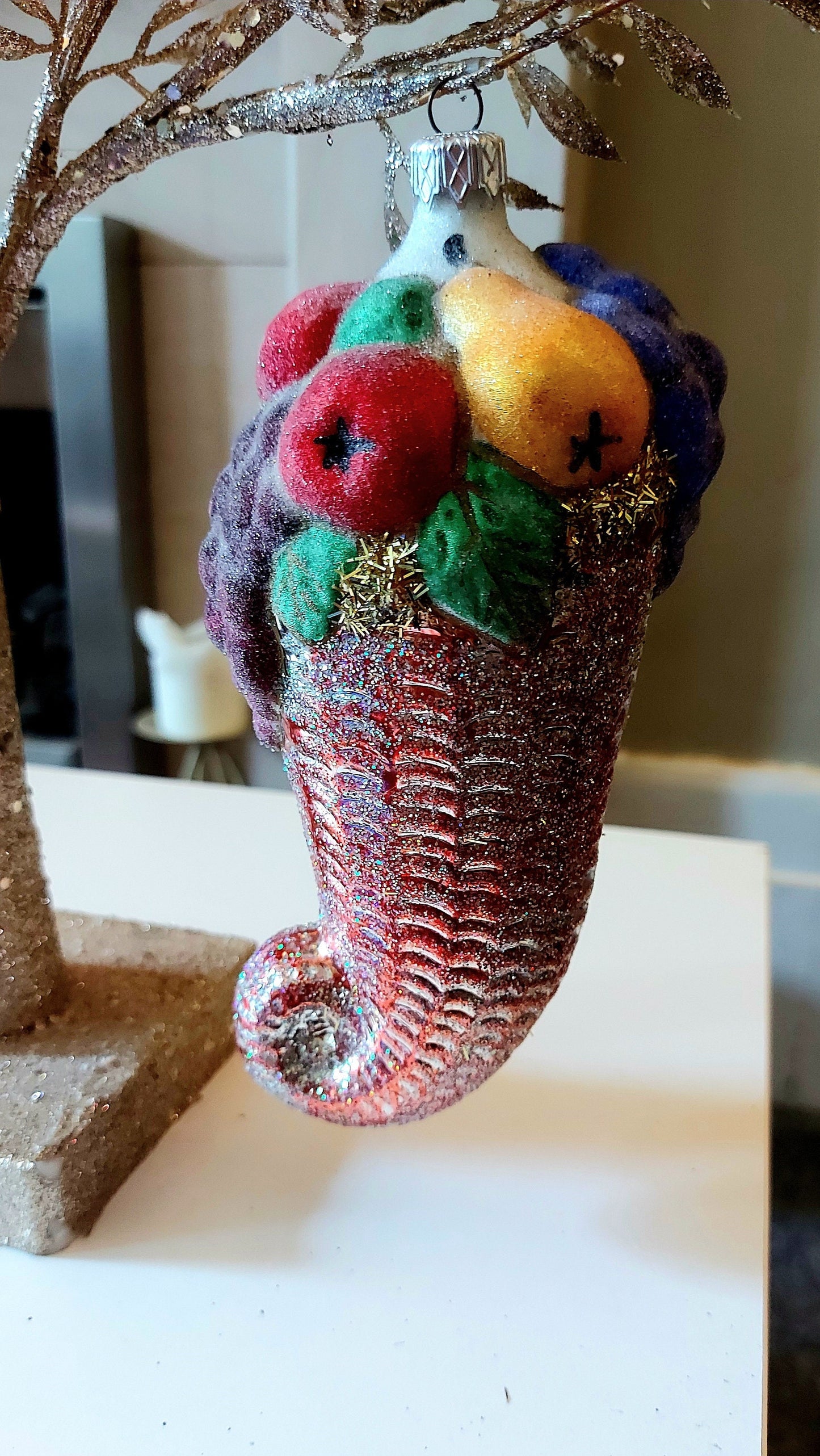 Vintage Czech Republic, Glass Blown, Hand Painted Christmas Tree Ornament - Large Fruit Cone Red