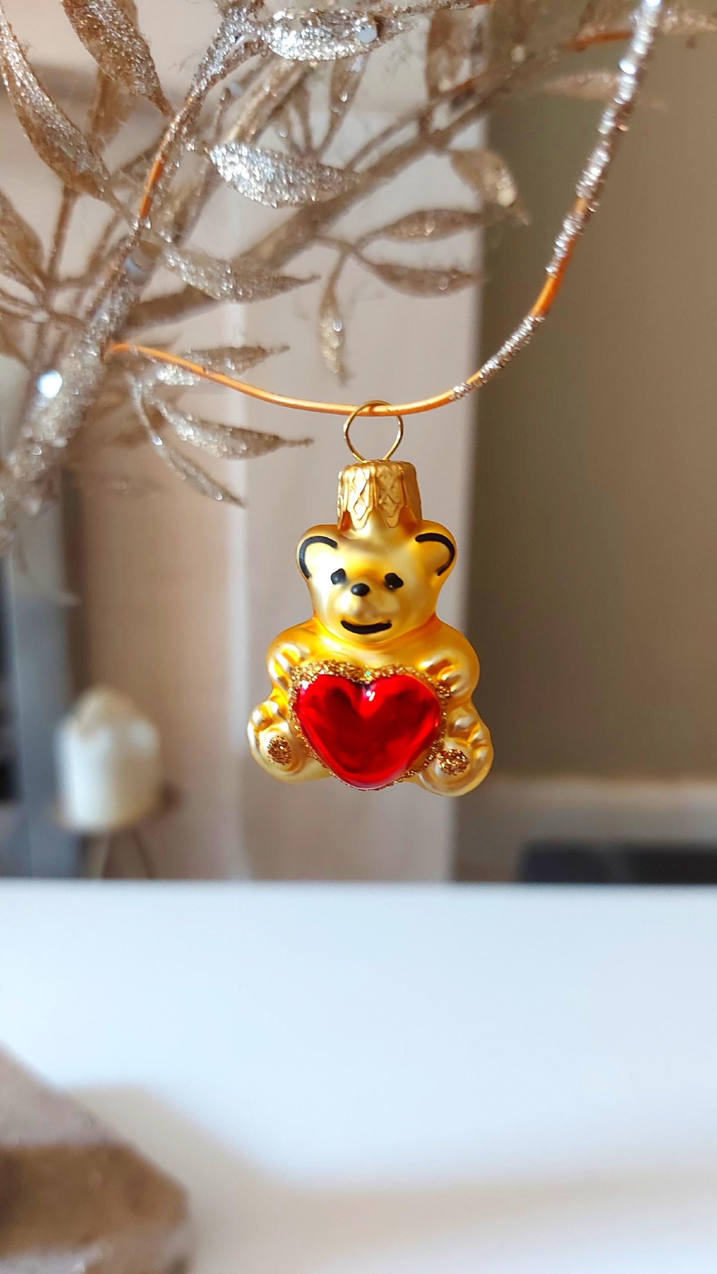Vintage Czech Republic, Glass Blown, Hand Painted Christmas Tree Ornament - Heart Teddy ( x 2 )