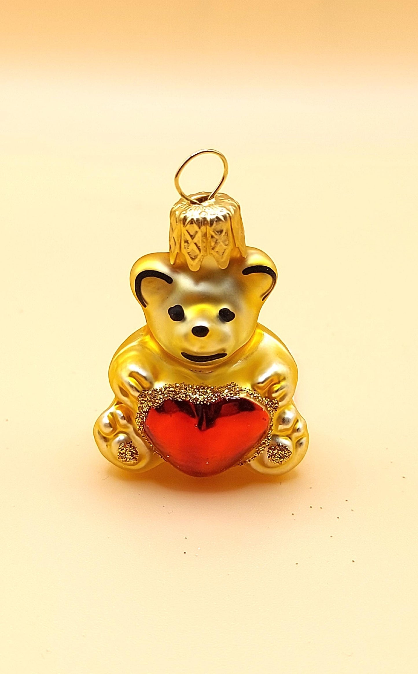 Vintage Czech Republic, Glass Blown, Hand Painted Christmas Tree Ornament - Heart Teddy ( x 2 )