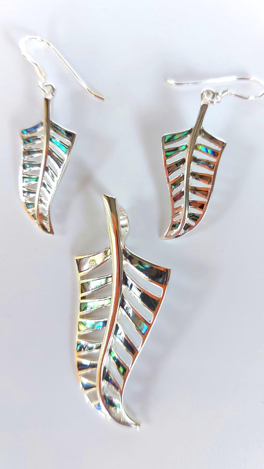 Silver Handmade Inlay Pendant/Earring Set Semi Precious Abalone Shell- Leaf