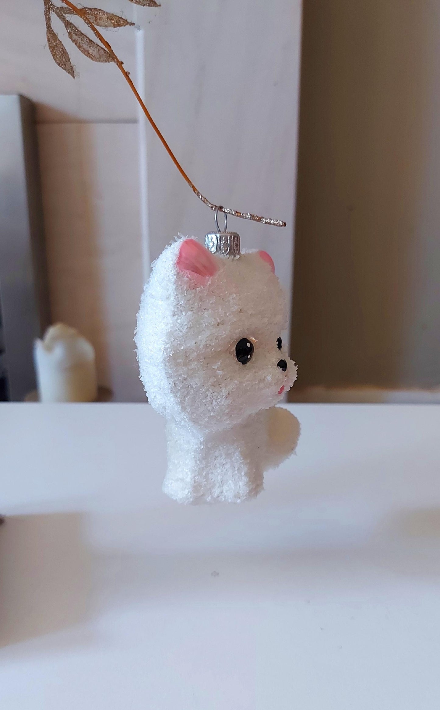 Vintage Czech Republic, Glass Blown, Hand Painted Christmas Tree Ornament - White Pussy Cat