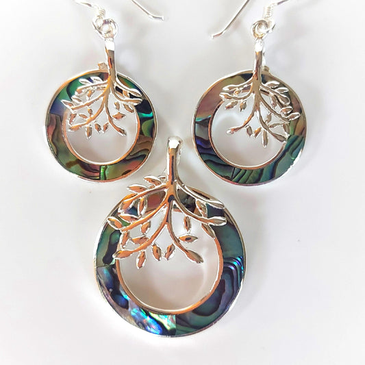 Silver Handmade Inlay Pendant/Earrings Set Semi Precious Abalone Shell- Tree of Life